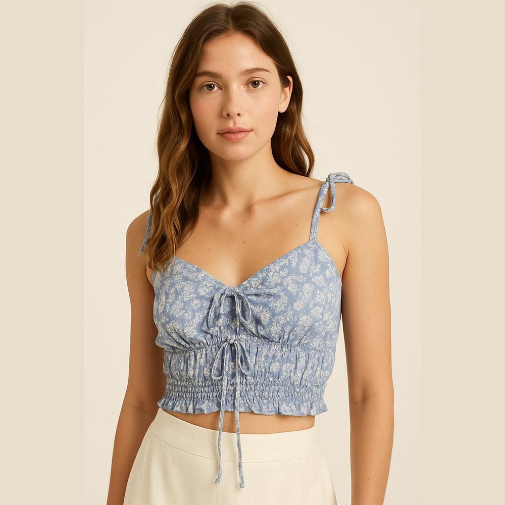 Stitch & Pine Floral Rayon Ruffle Crop Top Womens XS Boho Festival Cap Sleeve